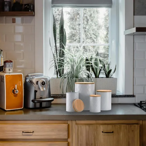 Vista 4 de Juego de recipientes de cocina blancos con tapas de bambú, azúcar hermético, harina, café, juegos de recipientes para almacenamiento de galletas
