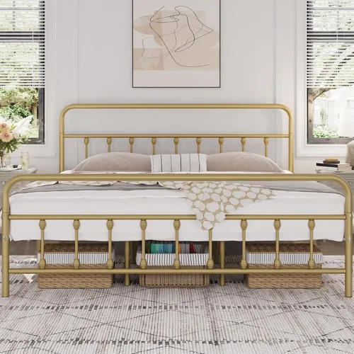 Vista 25 de Yaheetech Base de cama con plataforma de metal, cabecero y estribo Bronce
