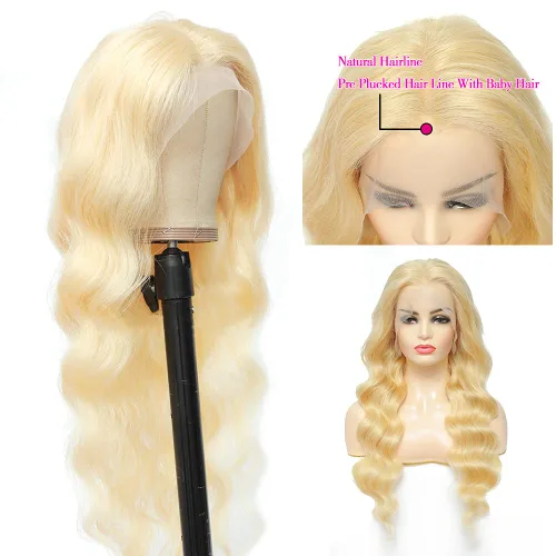 Vista 3 de Peluca de cabello humano con encaje frontal de onda corporal, rubio 613, 13x4, brasileña, 200 de densidad, nudos blanqueados pre arrancados
