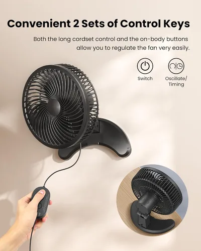 Vista 6 de Koonie - Ventilador de pared de 8'', ventilador pequeño silencioso de pared con temporizador, control remoto cableado de 8.2 pies, oscilación