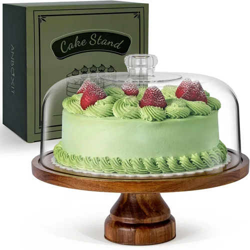 Vista 8 de ANBOXIT Soporte para pasteles con tapa de cúpula, plato de madera de acacia con tapa, soporte de exhibición de pastel de madera con cúpula acrílica