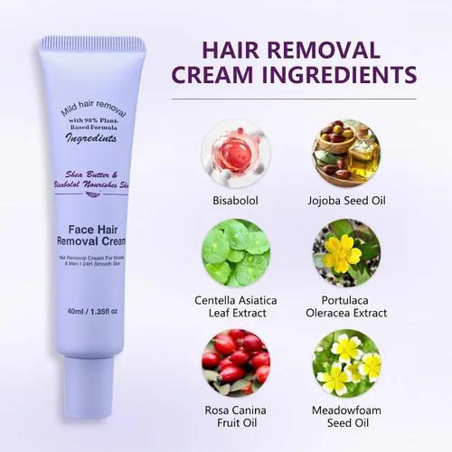 Vista 6 de Crema depilatoria facial para mujeres, kit de cremas depilatorias faciales suaves con raspado, suero calmante, crema removedor de vello corporal