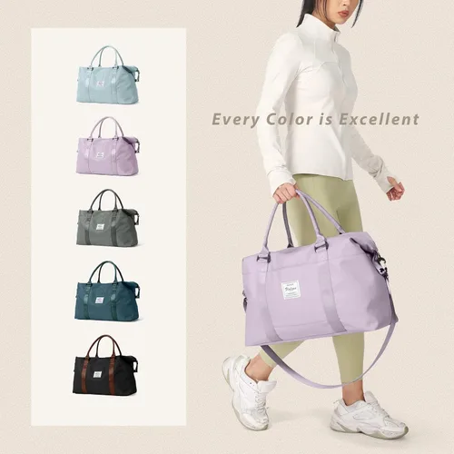 Vista 7 de Bolsa de gimnasio para mujer con compartimento para zapatos, bolsa de lona de viaje, bolsa de deporte para gimnasio, F5-Púrpura Claro, Bolsa de viaje