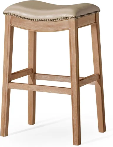 Vista 23 de Maven Lane Adrien Taburete de bar sin espalda, juego de 2, asiento de silla de montar de 31 pulgadas con reposapiés, marco de madera maciza marrón