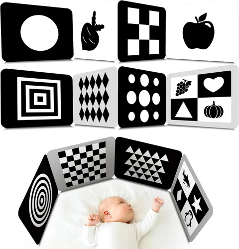 Vista 9 de 50 páginas de tarjetas de estimulación visual, 25 tarjetas de estímulo visual para bebés en blanco y negro, juego de tarjetas de desarrollo
