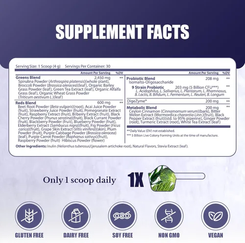 Vista 4 de Greens - Superalimento orgánico en polvo súper verdes - Suplementos diarios de verduras y frutas verdes - con probióticos, espirulina, cúrcuma