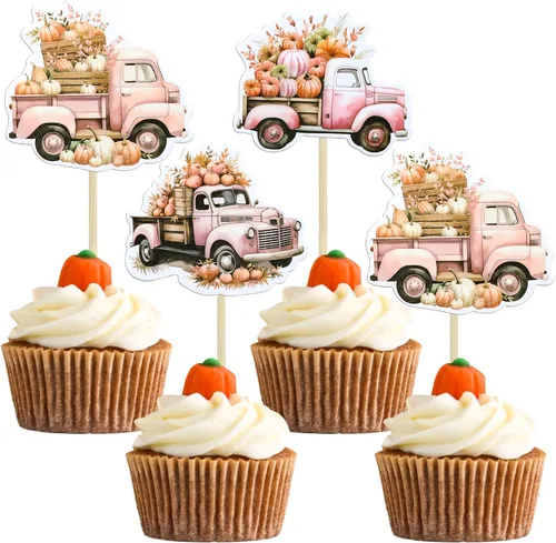 Vista 25 de 24 adornos de calabaza para cupcakes con purpurina para otoño, hojas, flores, calabaza, cupcakes, decoración de pasteles para Halloween, decoración