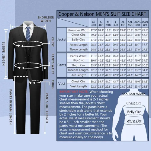 Vista 7 de Cooper & Nelson Conjunto de traje ajustado de 3 piezas para hombre, chaqueta sólida con un botón, chaleco y pantalones con corbata