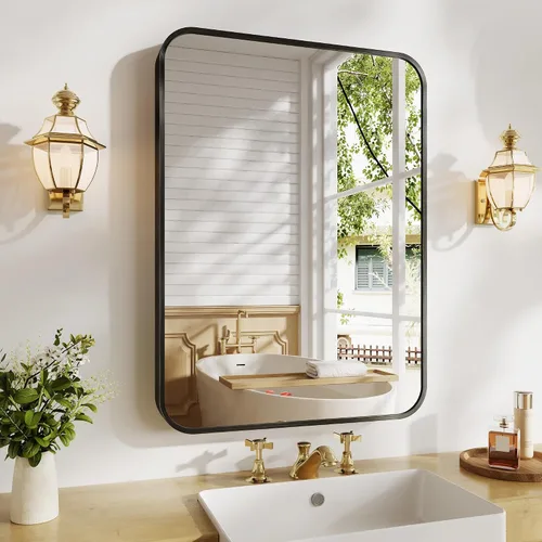 Vista 12 de Koonmi - Espejo de baño de 36x60 pulgadas con marco de metal cepillado negro para montaje en pared sobre el fregadero, vidrio templado HD