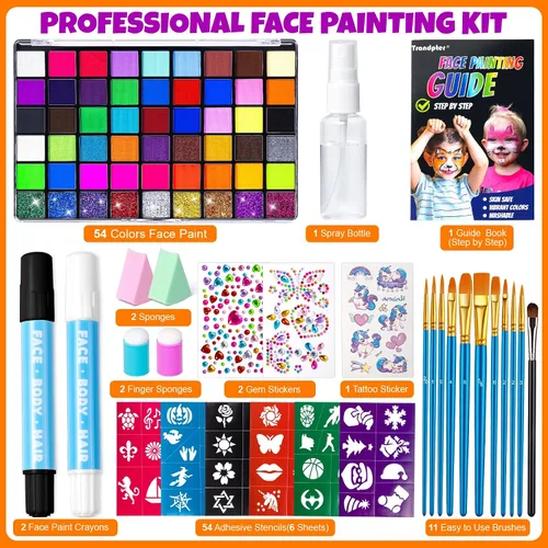 Vista 4 de Kit de pintura facial de 54 colores para niños, kit de maquillaje de pintura facial no tóxica con plantilla, libro guía, kit de maquillaje