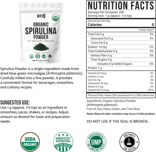 Vista 2 de WHYZ Polvo de espirulina orgánica, 8.82 oz, suplemento de espirulina rico en proteínas, superalimento orgánico para apoyo inmunológico, polvo