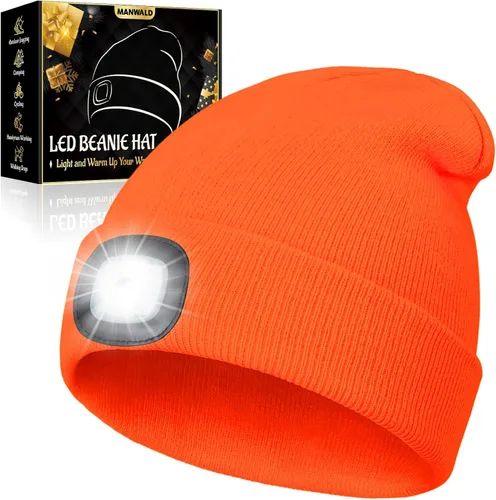Vista 9 de MANWALD Gorro de LED con luz, gorro con linterna recargable por USB, regalos para Navidad, calcetines de navidad para hombres, Negro, Talla única