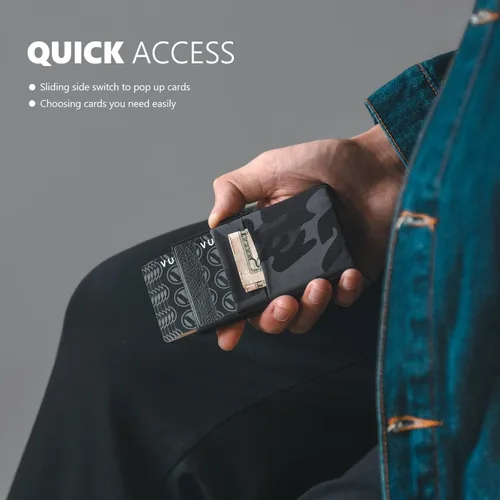 Vista 45 de VULKIT Billetera minimalista con ventana de identificación y bolsillo EDC con bolsillo desplegable para tarjetas de crédito y bloqueo RFID, diseño