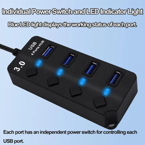 Vista 4 de Hub USB 3.0 de 4 puertos multifuncional 1 a 4 divisor de transferencia de datos de 5 Gbps USB 3.0 extensor con interruptores de alimentación LED