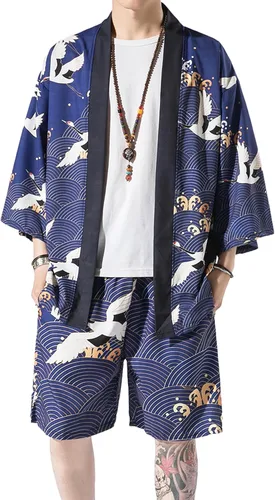 Vista 11 de PRIJOUHE Mens Kimono Two Piece Set Japanese Yukata Summer Beach Outfits