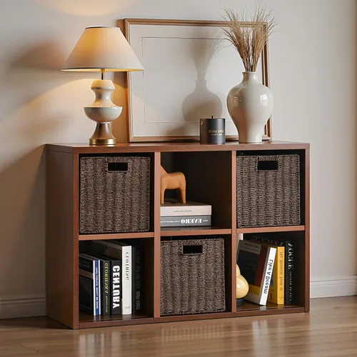 Vista 23 de Organizador de almacenamiento vertical de 2 cubos de metal, estantería corta negra con espalda abierta, estante de almacenamiento de cubo pequeño