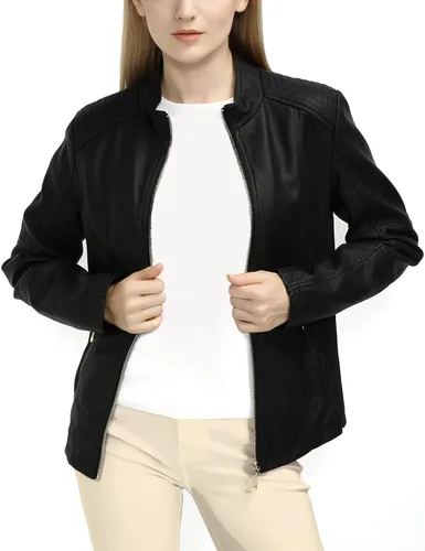 Vista 3 de Giolshon - Chaqueta corta estilo casual de piel sintética para mujer, abrigo para primavera, otoño e invierno