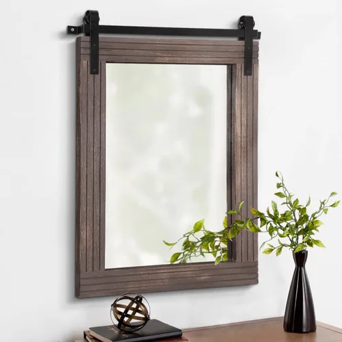 Vista 11 de AAZZKANG Espejo con marco de madera, estilo de puerta de granero, rectangular, decorativo, baño, dormitorio, tocador, decoración de pared del hogar