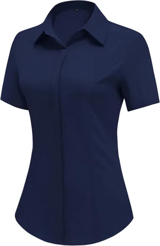 Vista 9 de HOTOUCH Camisas de manga corta con botones para mujer, blusa con cuello ajustado, blusa básica de verano para oficina, tallas S-2XL