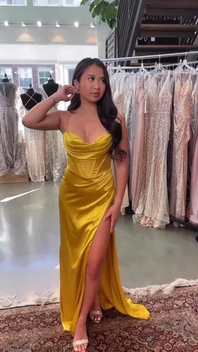Vista 5 de Vestidos de fiesta de satén de seda con tirantes delgados, largos, formales, sexy, con abertura alta, para mujer, vestido de noche CM246