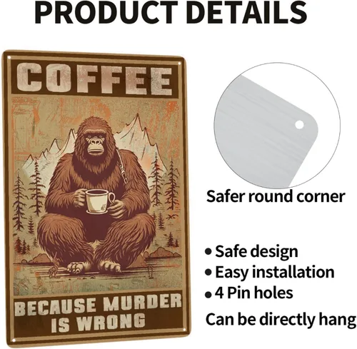 Vista 2 de HORSESBLANKET Póster de metal vintage con texto en inglés «Bigfoot», letrero retro de aluminio con texto en inglés «Because Murder Is Wrong»