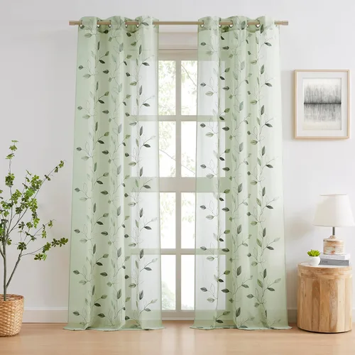 Vista 17 de Bujasso - Cortinas de hojas transparentes de 63 pulgadas, bordadas con flores, estilo granja, cortinas con filtro de luz para ventana, patrón Dorado