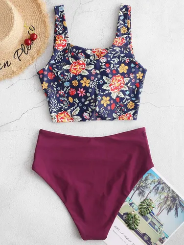 Vista 5 de ZAFUL - Traje de baño estilo bikini de dos piezas con cuello redondo y cintura alta para mujer