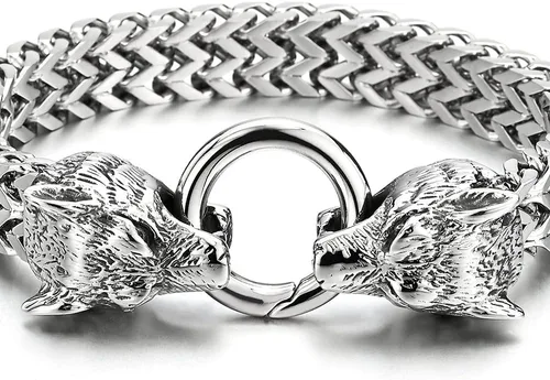 Vista 3 de COOLSTEELANDBEYOND Biker - Pulsera de acero inoxidable para hombre con cabeza de lobo con cierre de anillo de resorte