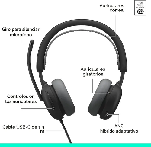 Vista 6 de Logitech Zone Wired 2 Auriculares con cancelación de ruido con híbrido Negro