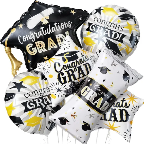 Vista 11 de Juego de decoraciones de globos de aluminio de graduación 2026, 8 globos redondos y de estrella de Congrats 2026 negros y dorados, globos de clase
