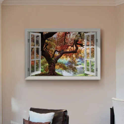Vista 4 de Renditions Gallery Lienzo de arte de la naturaleza, vista de ventana, imágenes de árbol de bosque naranja y verde sobre un lago, impresiones