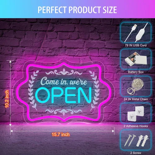 Vista 3 de XIYUNTE Letreros de Neón Abiertos Regulables con LED Brillante, Letrero Alimentado por USB o Batería para Ventana de Negocio Cafetería Tienda
