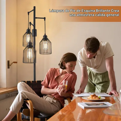 Vista 8 de Lámpara de pie regulable para sala de estar, lámpara de pie de granja con elegante jaula colgante, 3 bombillas LED Edison incluidas, lámpara de pie