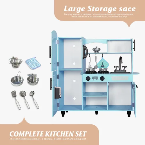 Vista 3 de TaoHFE Juego de Cocina de Juguete, Juego de Cocina Azul para Niños de 4 a 8 Años, Juego de Cocina para Niñas y Niños, Juego de Cocina de Madera
