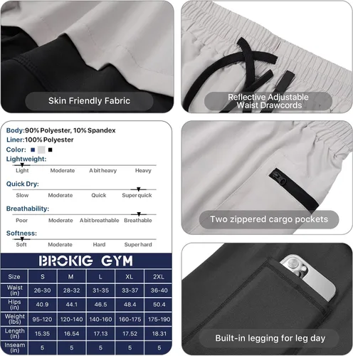 Vista 7 de BROKIG Pantalones cortos deportivos para hombre, con bolsillo en el muslo, pantalones cortos de gimnasio 2 en 1, ligeros, de secado rápido