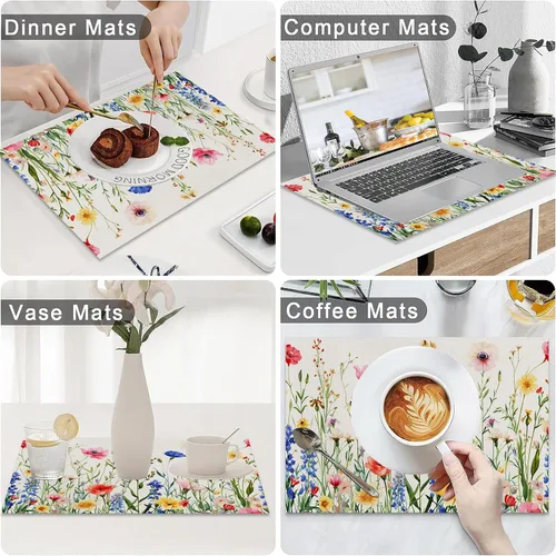 Vista 4 de AOFOTO Juego de 4 manteles individuales con estampado de flores silvestres coloridas, manteles individuales artísticos rectangulares modernos