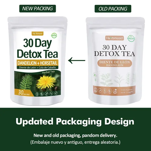 Vista 3 de Herbmood Té de desintoxicación de 30 días para limpieza corporal, Te de Diente de Leon y cola de caballo Organico Natural, Limpieza de colon