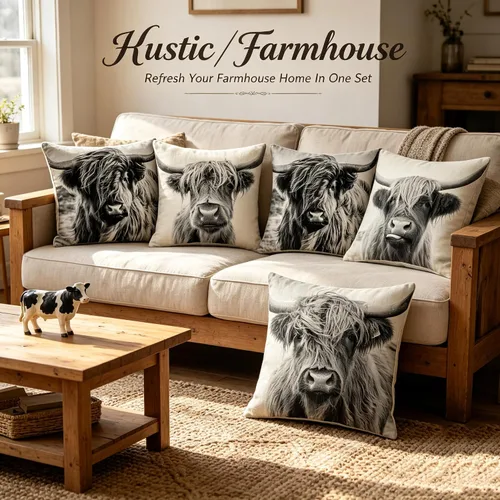 Vista 2 de Juego de 4 fundas de almohada con estampado de vacas de las Tierras Altas, suaves fundas de almohadón decorativas de lino rústico, fundas