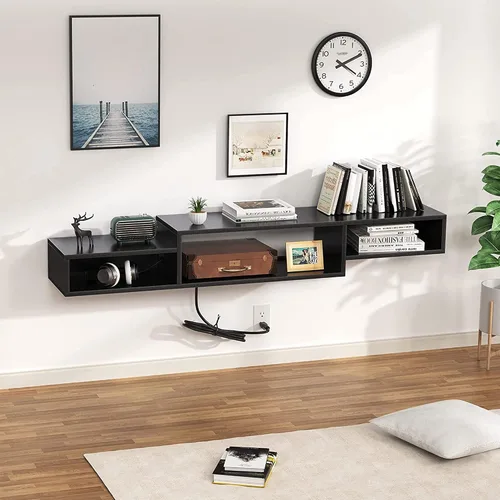 Vista 8 de FABATO Soporte de TV flotante de 59 pulgadas con toma de corriente montado en la pared, consola multimedia, estante debajo del televisor para caja