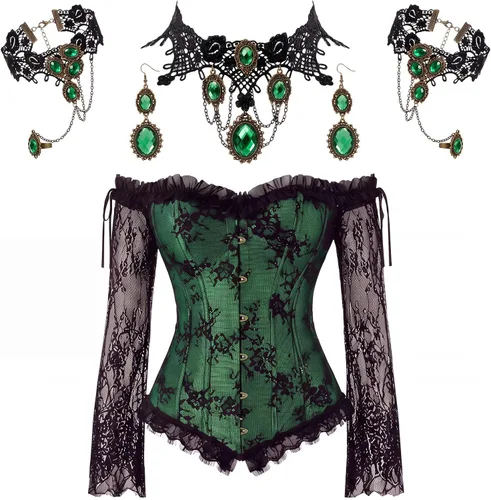 Vista 11 de Haysandy Conjunto de corsé gótico con mangas de encaje y pulsera Negro