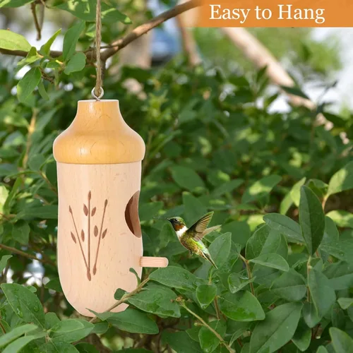 Vista 5 de Casa de Colibrí - Casas de Colibríes Naturales de Madera para Colgar en el Exterior, Regalos de Jardinería para Mujeres, Decoración de Árbol