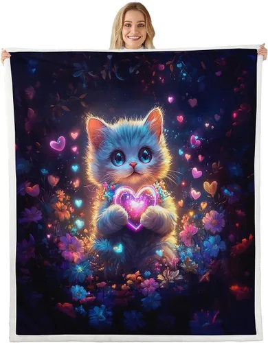 Vista 8 de Manfei Cute Cat Kids Throw Blanket Flower Heart Print Fuzzy Blanket for Boy Girls Room Decor, Kawaii Animal Theme Blanket for Bed Couch Sofa, Soft