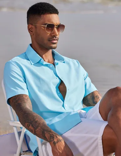 Vista 3 de COOFANDY Camisas casuales de lino de manga corta con botones para hombre