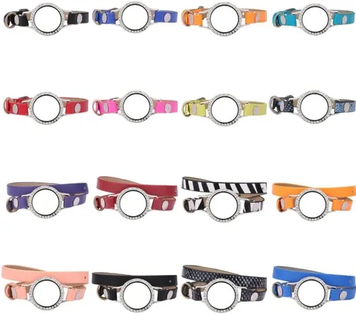Vista 2 de Medallón de cristal de diamantes de imitación de 0.984in con colgante de cuero, pulsera flotante con memoria para mujer, color de metal L100-32