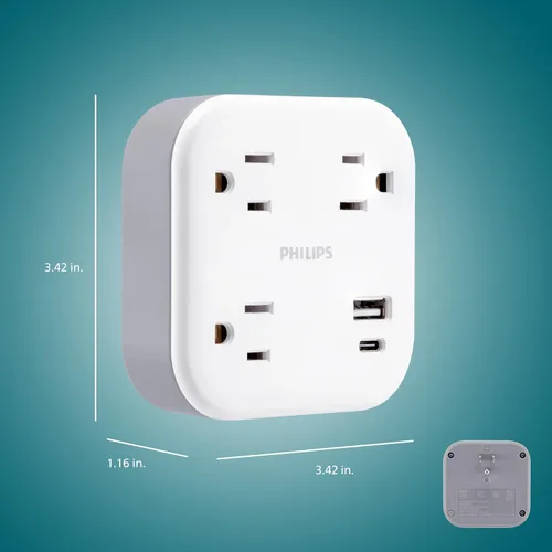 Vista 6 de Philips EZFit Extensor de Tomacorriente con Protección contra Sobretensiones de 3 Salidas con USB, 1 USB-A, 1 USB-C, Espaciado para Adaptadores