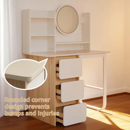 Vista 6 de Tocador de construcción resistente con tablero de 0.59 pulgadas de grosor, 3 en 1, multifuncional, con espejo ajustable y luces LED, mesa de noche
