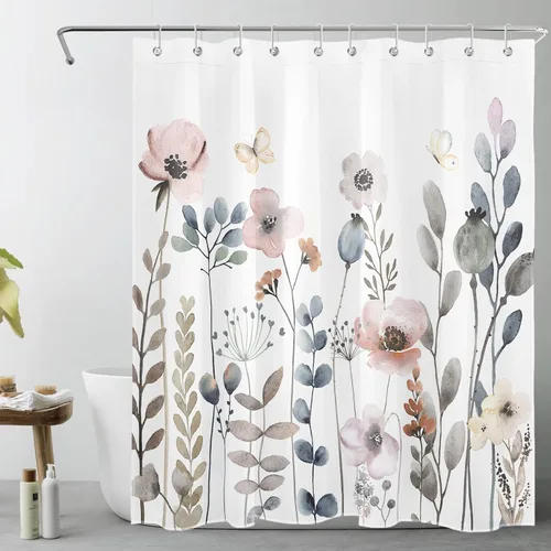 Vista 30 de Cortina de ducha con diseño bohemio de plantas y flores de acuarela sobre fondo beige, cortina de ducha de baño con hojas naturales, cortina
