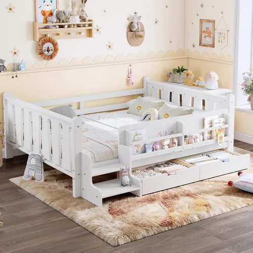 Vista 19 de Cama Montessori de tamaño matrimonial con estantería, cajones de Natural