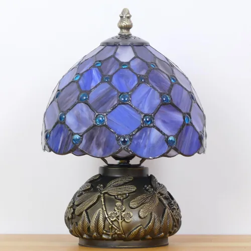 Vista 7 de Pequeña Lámpara Tiffany Mini Lámpara de Mesa de Vidrio Manchado Estilo Perla Púrpura Seta Lámpara de Acento 8X11 Pulgadas