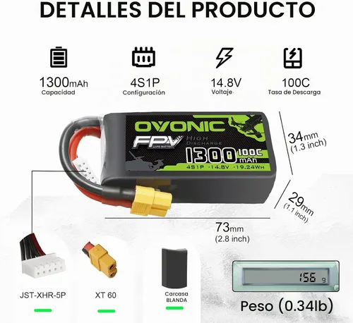 Vista 2 de OVONIC 4s Lipo Batería 100C 1300mAh 14.8V Lipo Batería con XT60 Conector para RC FPV Racing Drone Quadcopter